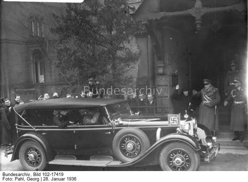Adolf Hitler in his Mercedes in front of Berlin's English St. George church after the funeral service for King George V of England